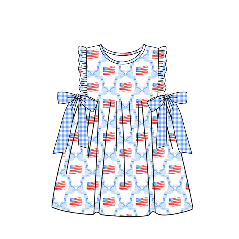 preorder GSD1641 July 4th flag blue bows flutter sleeve girls dress