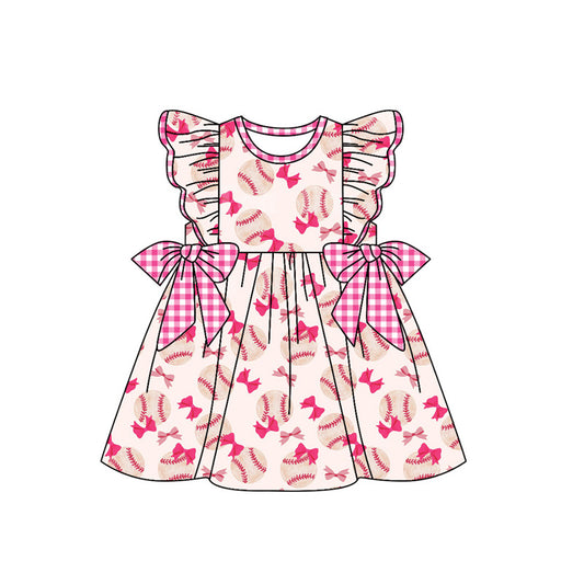 preorder GSD1642 Baseball Bows Hot Pink Flutter Sleeve Girls Dress