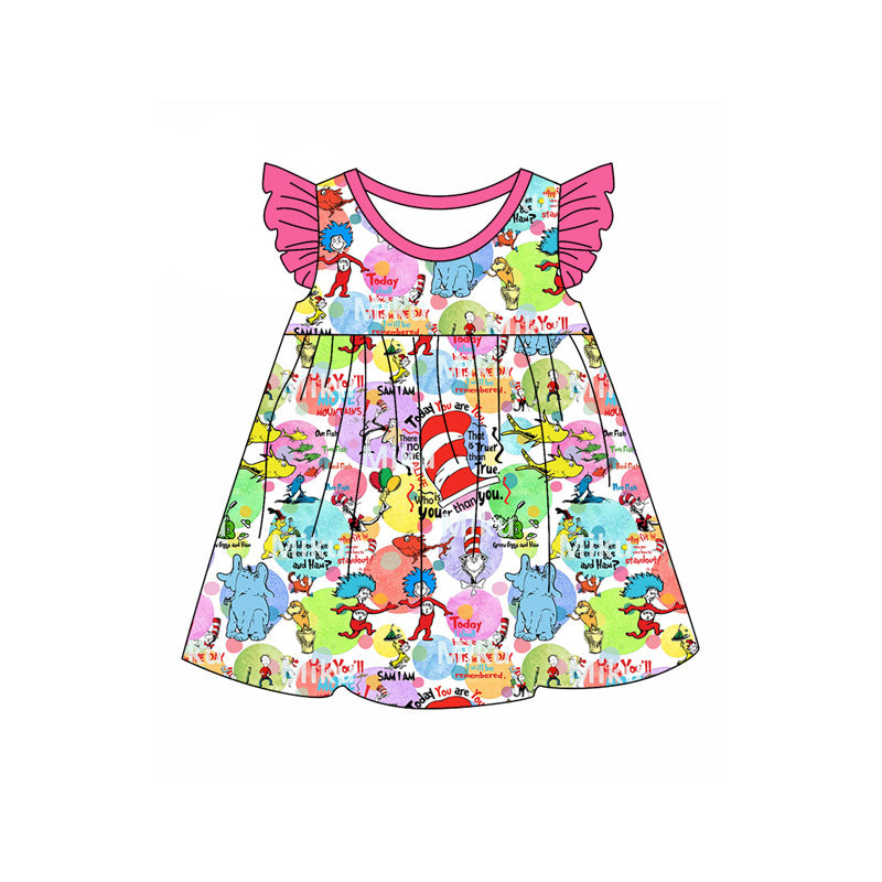 preorder GSD1644 Friends Cartoon Dr Elephant Hot Pink Flutter Sleeve Girls Dress