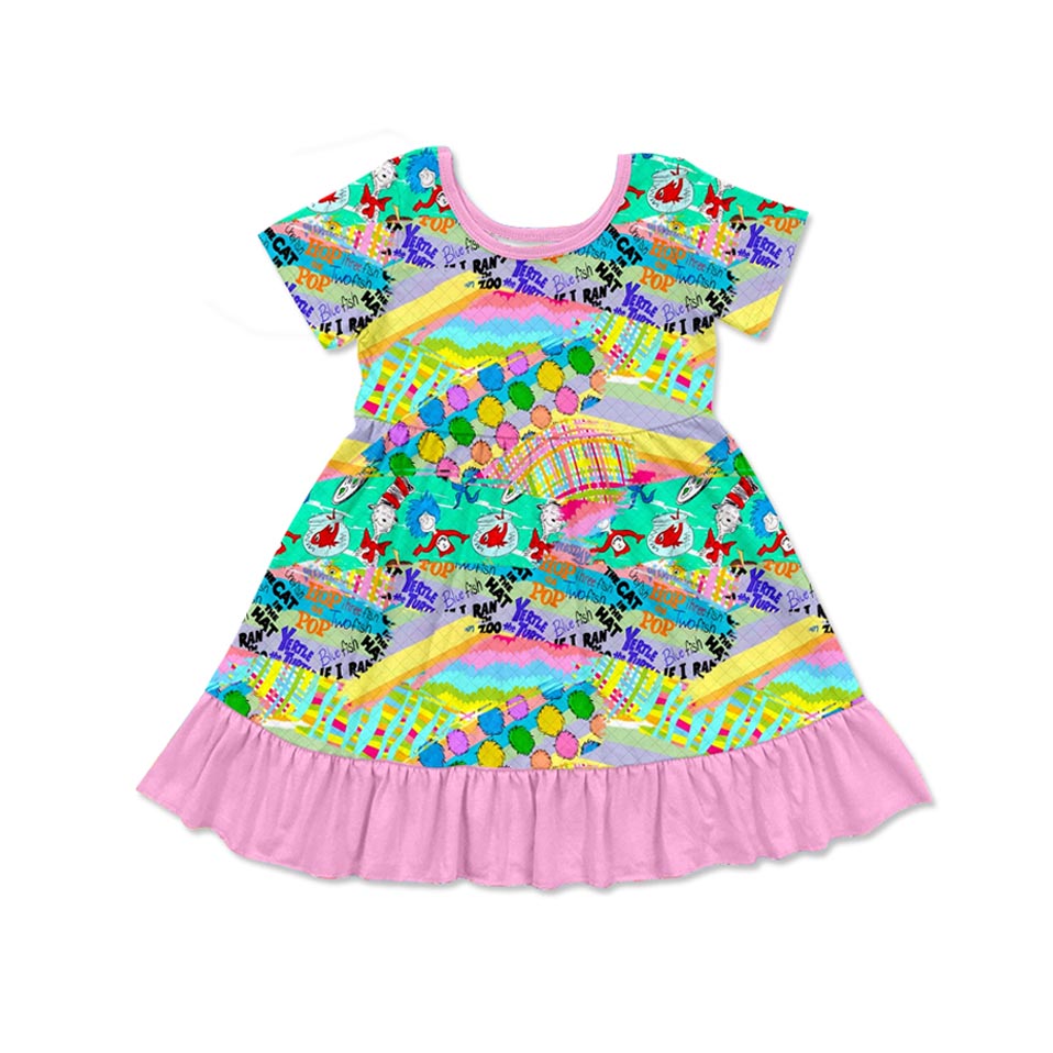 preorder GSD1646 Colorful Cartoon Dr Elephant Pink Short Sleeve Girls Dress