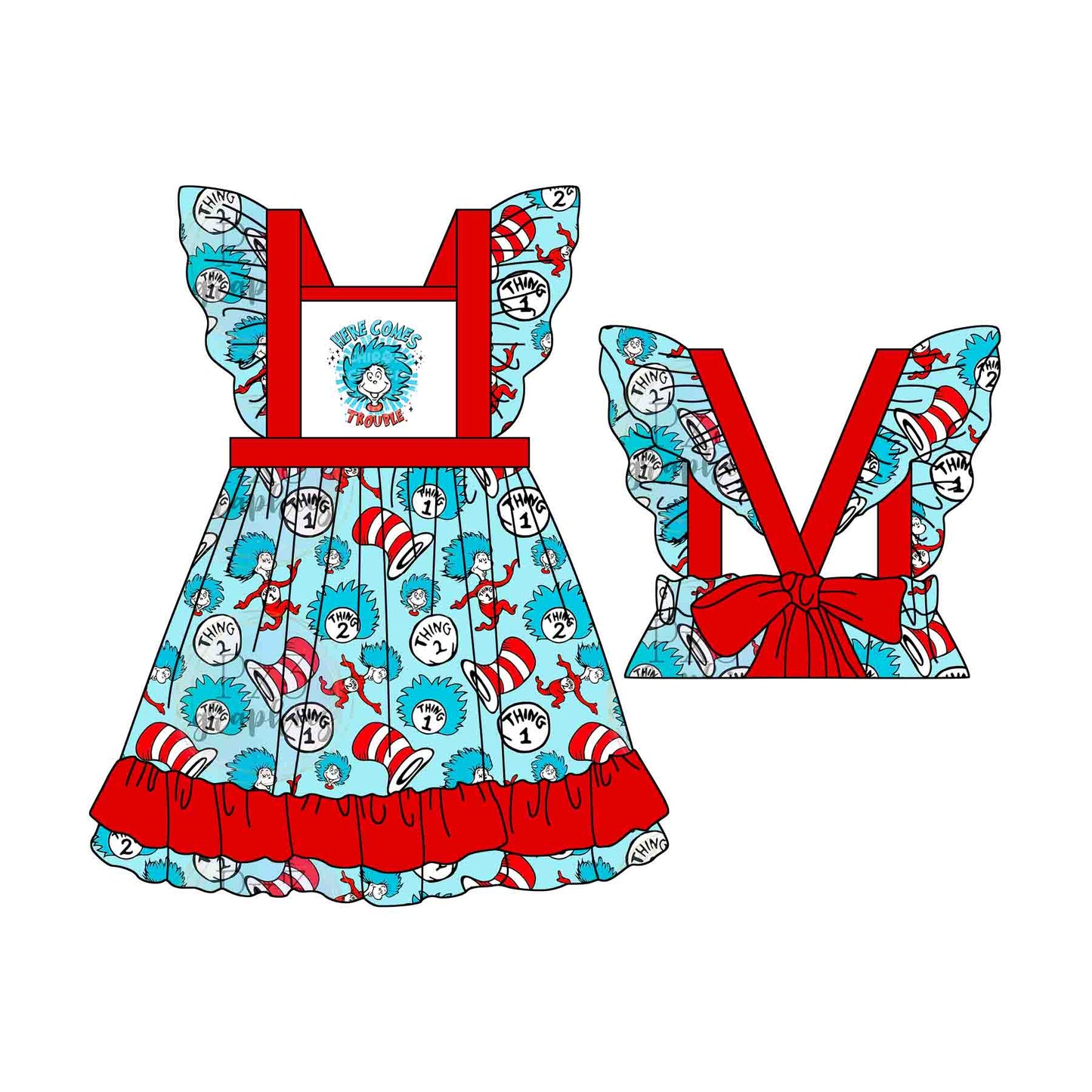 preorder GSD1647 Here Comes Cartoon Dr Blue Red Flutter Sleeve Girls Dress