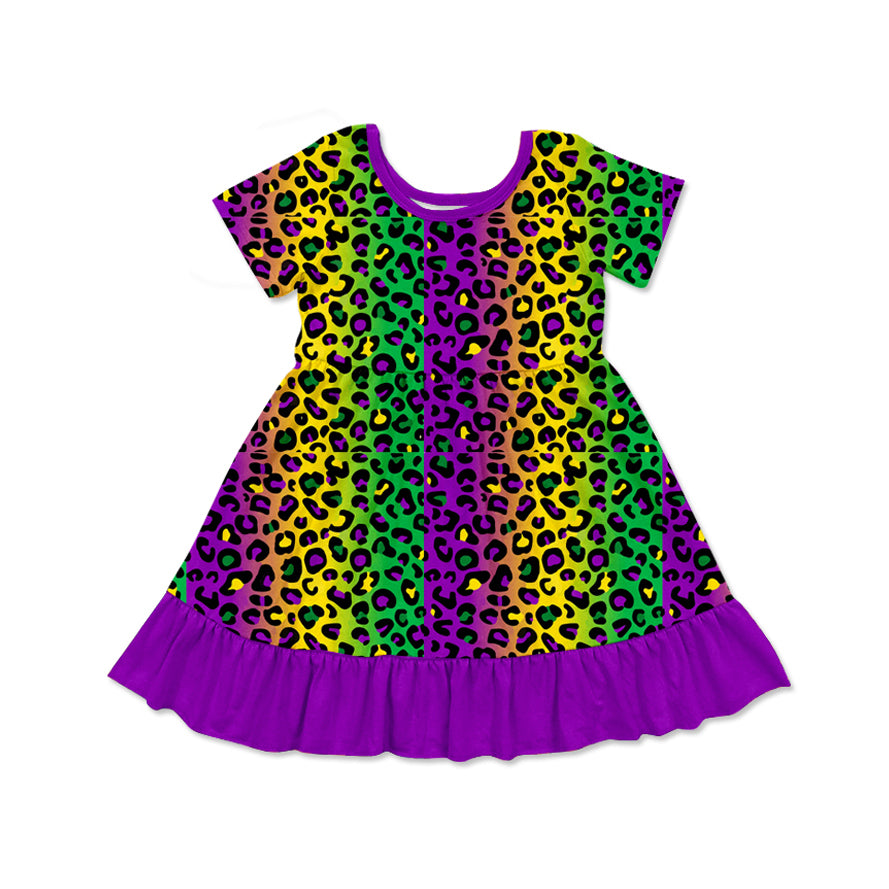 preorder GSD1656 Mardi Gras Purple Yellow Green Leopard Short Sleeve Girls Dress