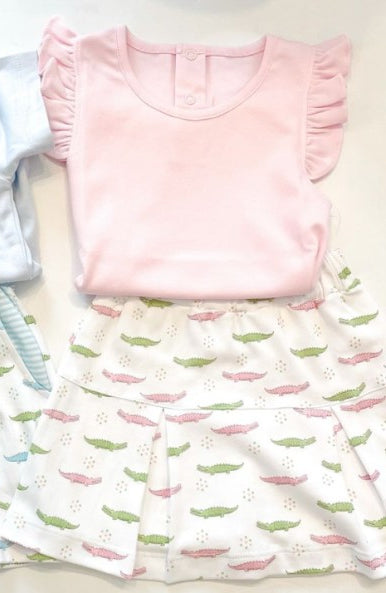 preorder GSD1663 Pink Flutter Sleeve Cartoon Crocodile Shorts Girls Set