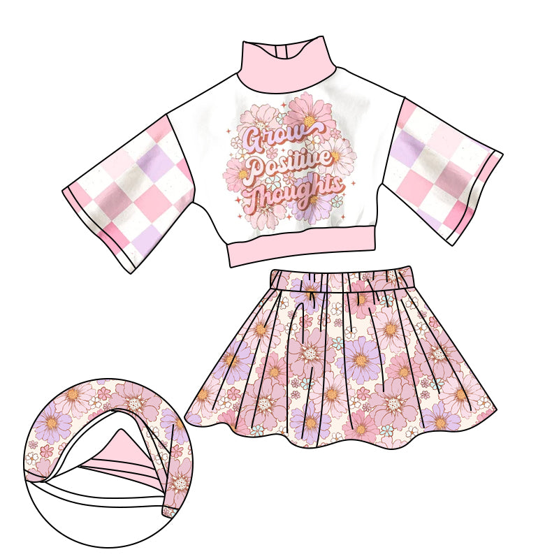 preorder GSD1665 Grow Positiue Flowers Checkered Short Sleeve Skirt Girls Set