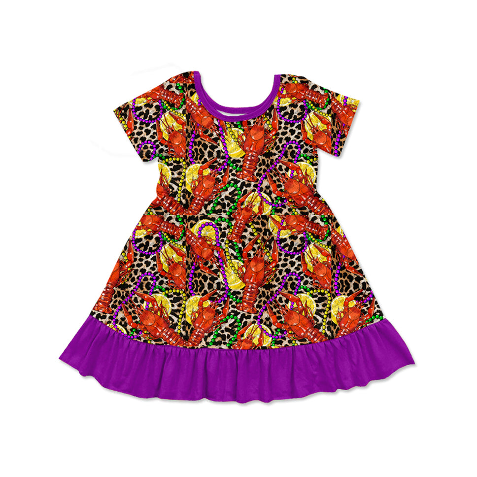 preorder GSD1666 Mardi Gras Crayfish Potato Leopard Purple Short Sleeve Girls Dress