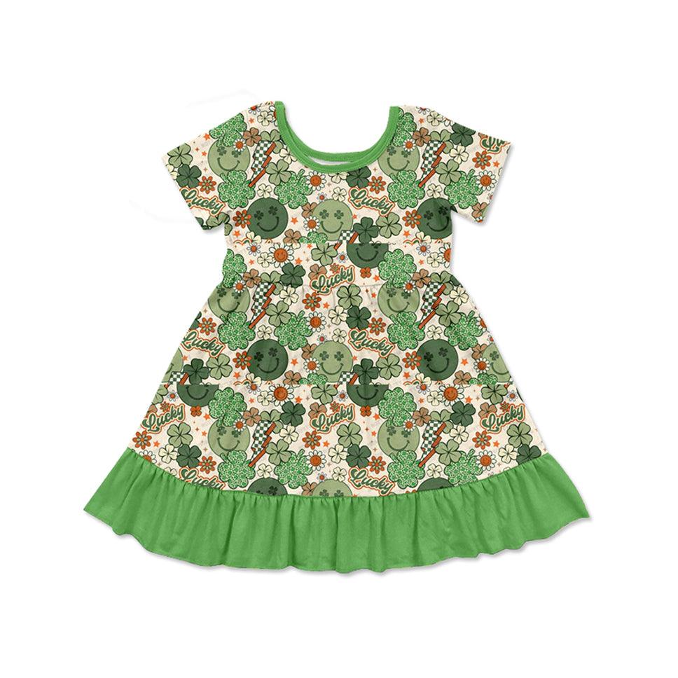 preorder GSD1667 St.Patrick Lucky Clover Smile Green Short Sleeve Girls Dress