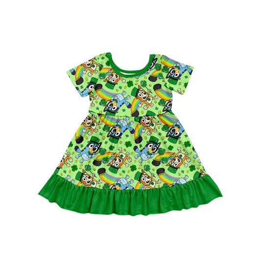 preorder GSD1668 St.Patrick Blue Dog Clover Green Short Sleeve Girls Dress