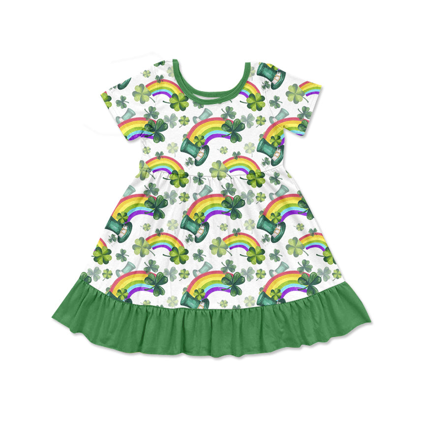 preorder GSD1669 St.Patrick Hat Rainbow Clover Green Short Sleeve Girls Dress