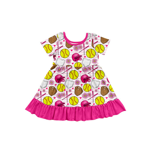 preorder GSD1673 Softball Batter Flowers Hot Pink Short Sleeve Girls Dress