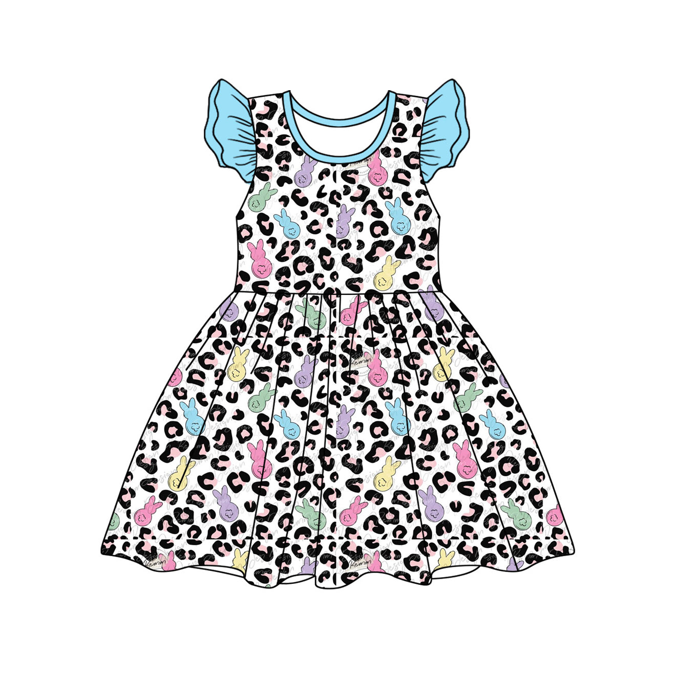 preorder GSD1679 Easter Bunny Rabbit Leopard Blue Flutter Sleeve Girls Dress