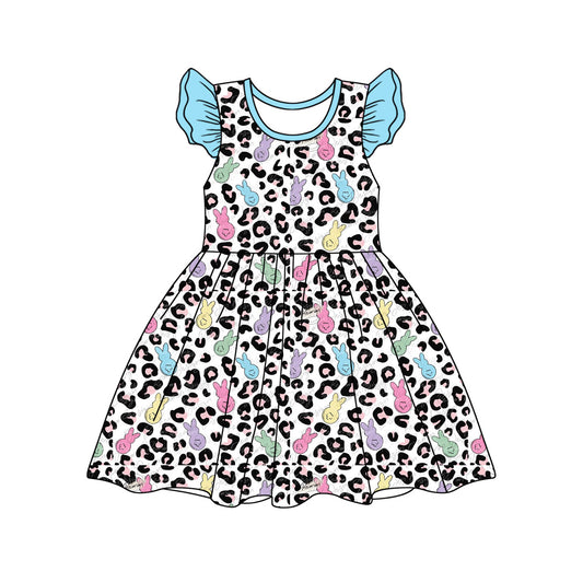 preorder GSD1679 Easter Bunny Rabbit Leopard Blue Flutter Sleeve Girls Dress