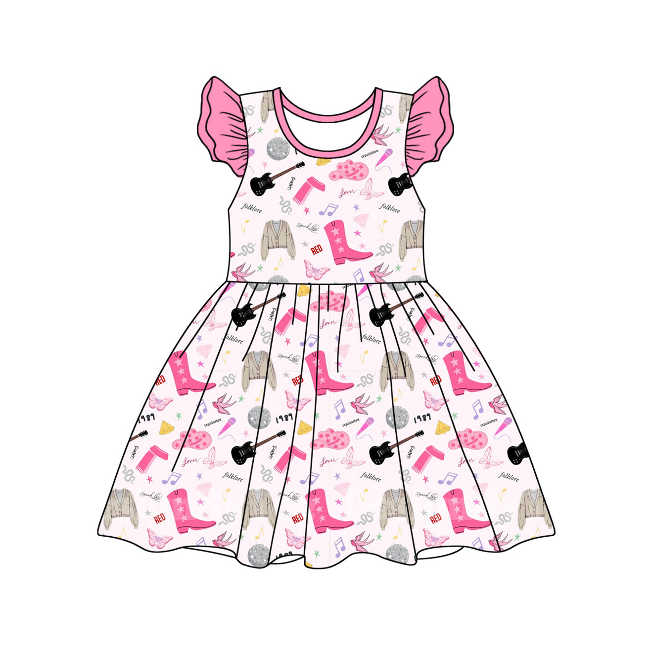 preorder GSD1680 Taylor Country Singer 1989 Hot Pink Flutter Sleeve Girls Dress