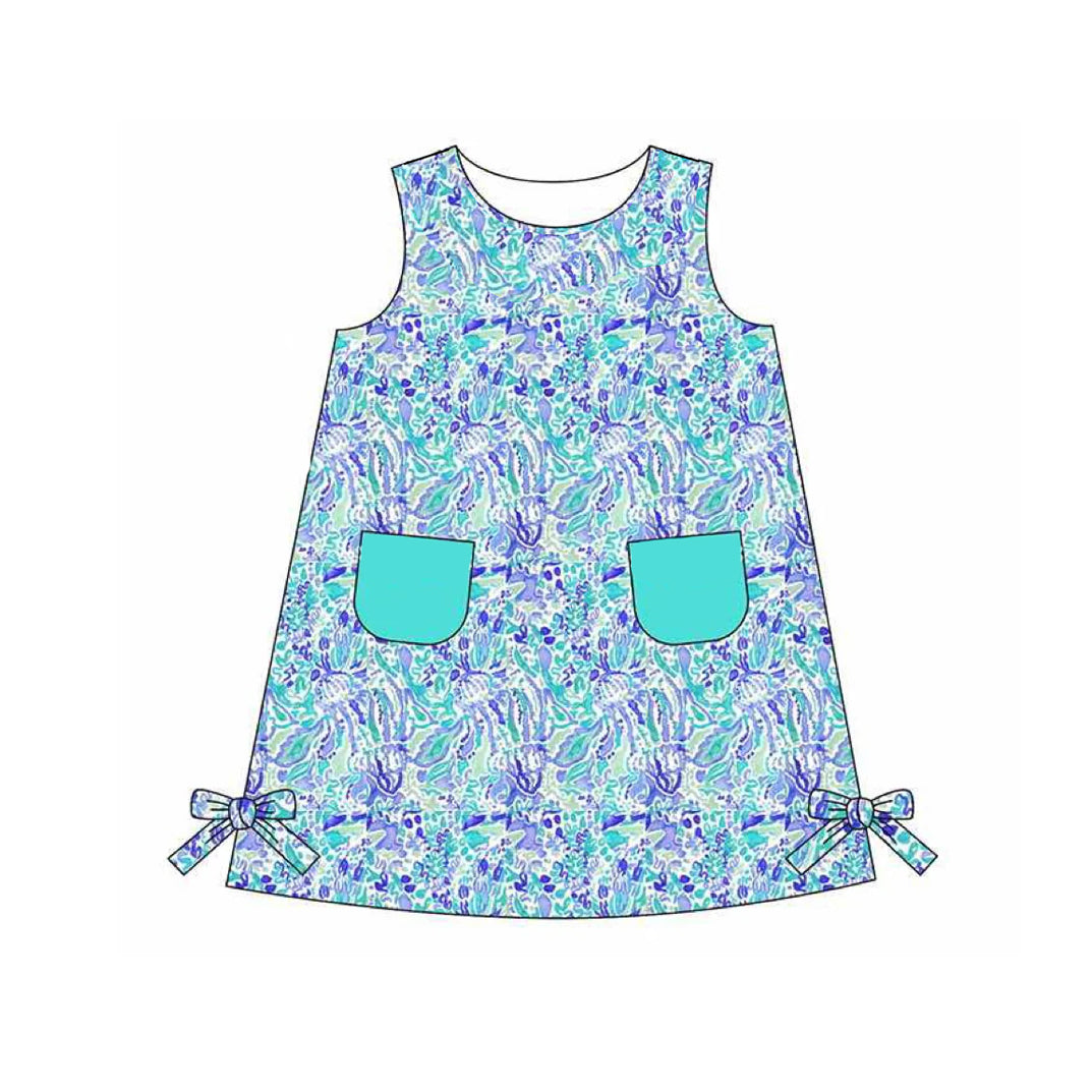 preorder GSD1684 Blue Purple Printing Pocktes Sleeveless Girls Dress