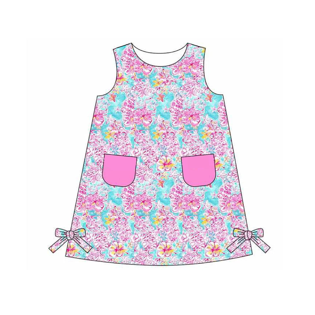 preorder GSD1685 Hot Pink Flowers Pocktes Sleeveless Girls Dress