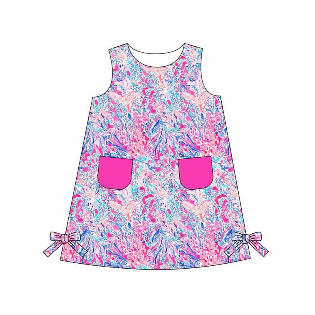 preorder GSD1687 Hot Pink Printing Pocktes Sleeveless Girls Dress