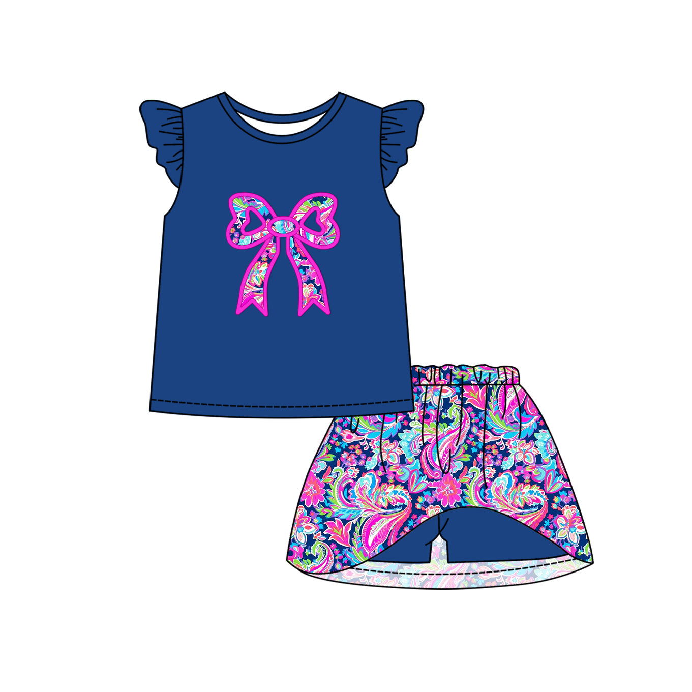 preorder GSD1689 Bow Navy Blue Flutter Sleeve Colorful Printing Skirt With Shorts Girls Set
