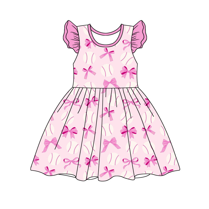 preorder GSD1690 Hot Pink Bows Baseball Flutter Sleeve Girls Dress