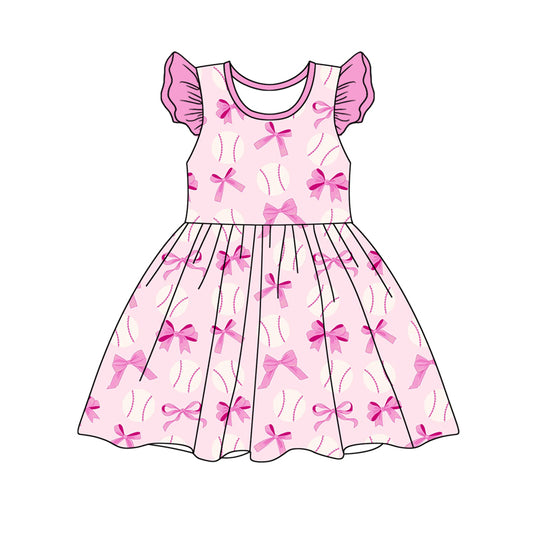 preorder GSD1690 Hot Pink Bows Baseball Flutter Sleeve Girls Dress