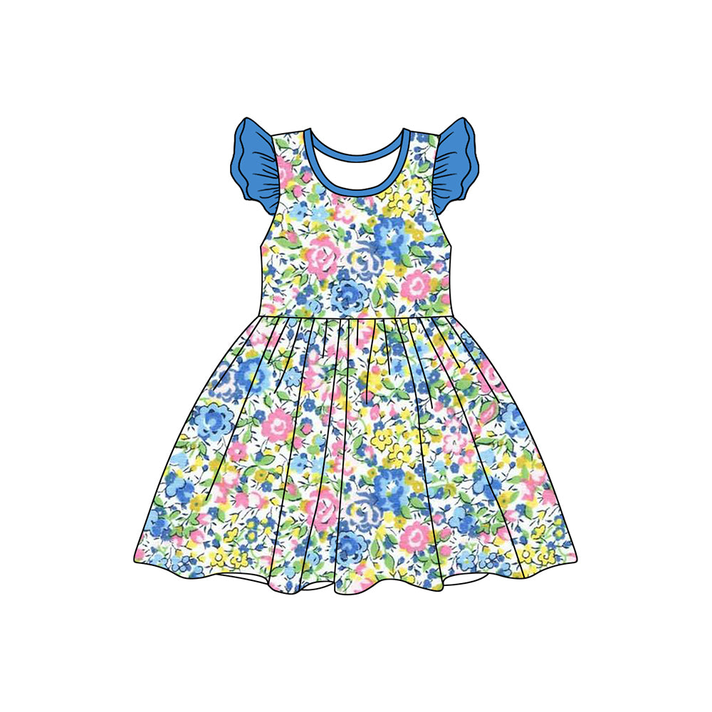 preorder GSD1697 Colorful Flowers Blue Flutter Sleeve Girls Dress