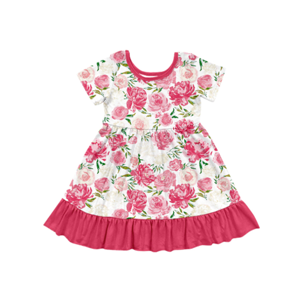 preorder GSD1699 Hot Pink Flowers Short Sleeve Girls Dress