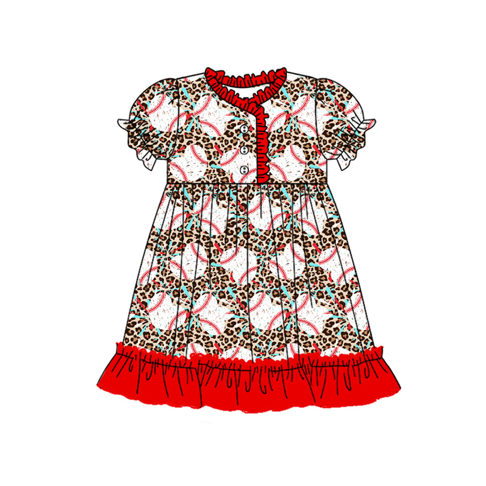 preorder GSD1708 Baseball Leopard Red Short Sleeve Girls Dress