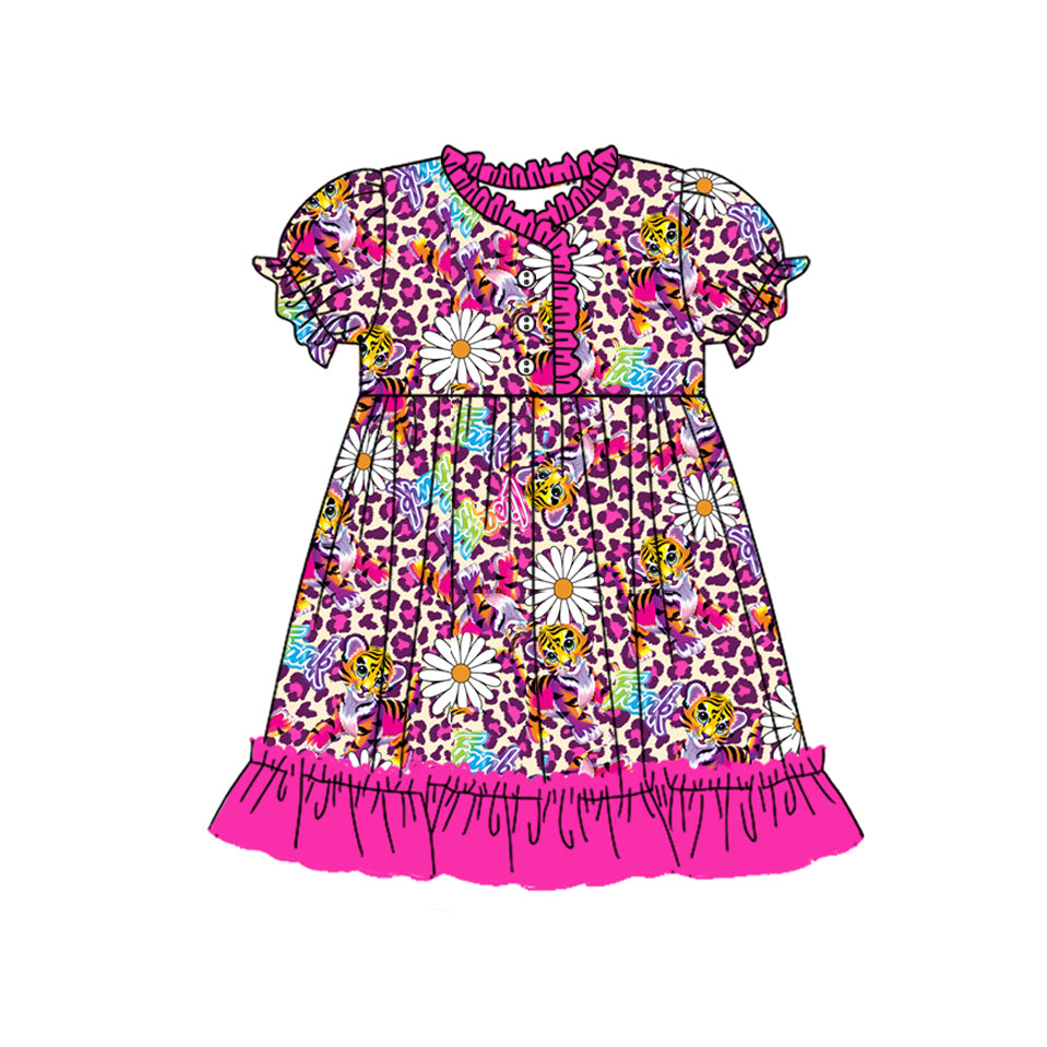 preorder GSD1709 Cartoon LI Tiger Purple Leopard Short Sleeve Girls Dress