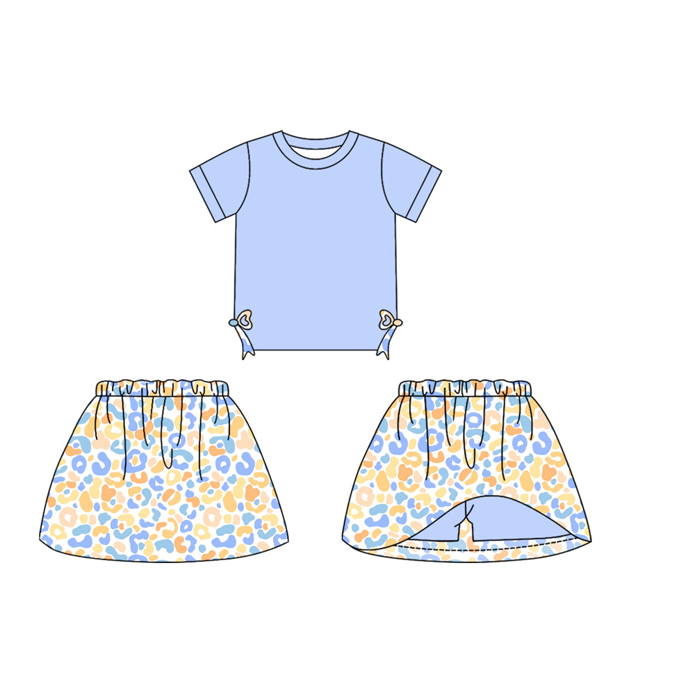 preorder GSD1717 Split Side Bows Blue Short Sleeve Leopard Skirt With Shorts Girls Set