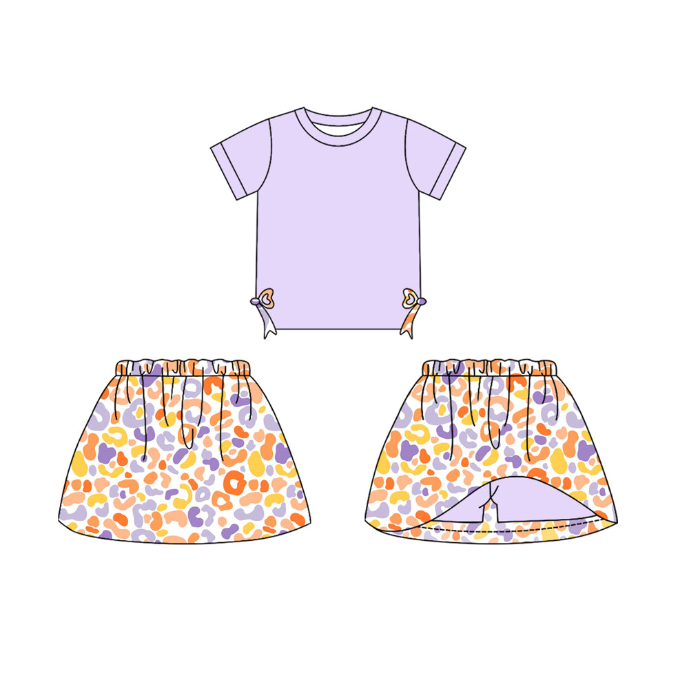 preorder GSD1718 Split Side Bows Purple Short Sleeve Leopard Skirt With Shorts Girls Set