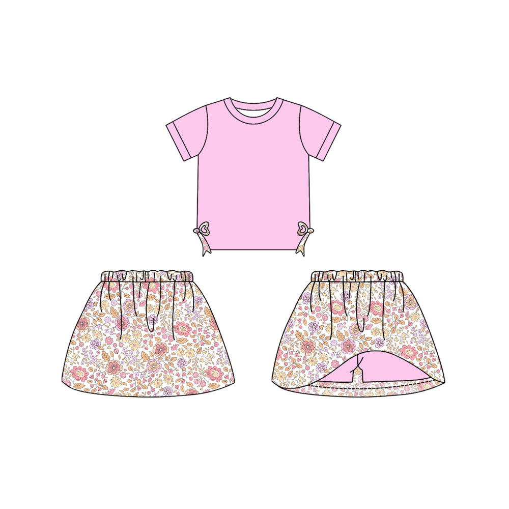 preorder GSD1719 Split Side Bows Hot Pink Short Sleeve Flowers Skirt With Shorts Girls Set