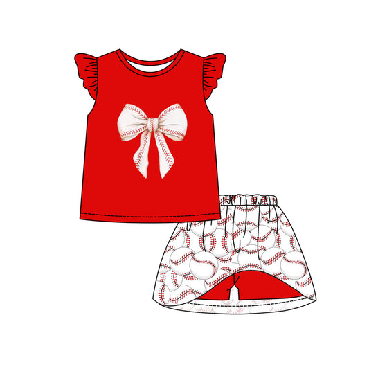 preorder GSD1722 Baseball Bow Red Flutter Sleeve Skirt With Shorts Girls Set