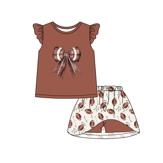 preorder GSD1723 Baseball Bow Brown Flutter Sleeve Skirt With Shorts Girls Set