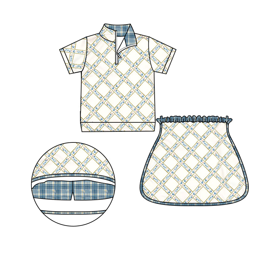 preorder GSD1733 blue flowers zipper short sleeve skirt with shorts girls set