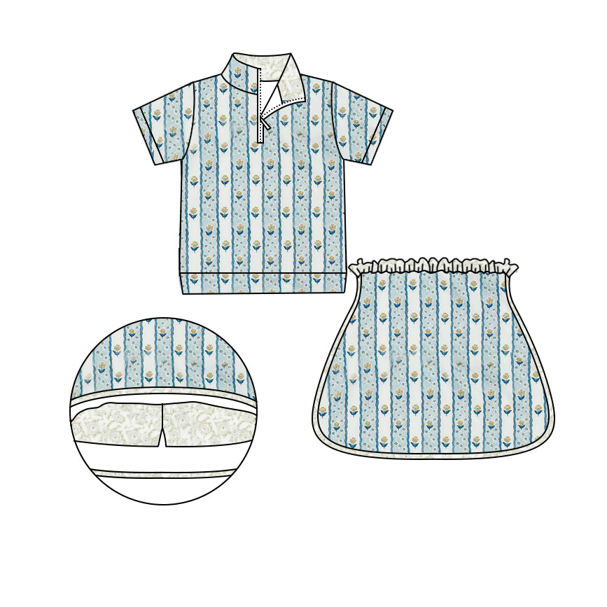 preorder GSD1734 blue flowers striped zipper short sleeve skirt with shorts girls set