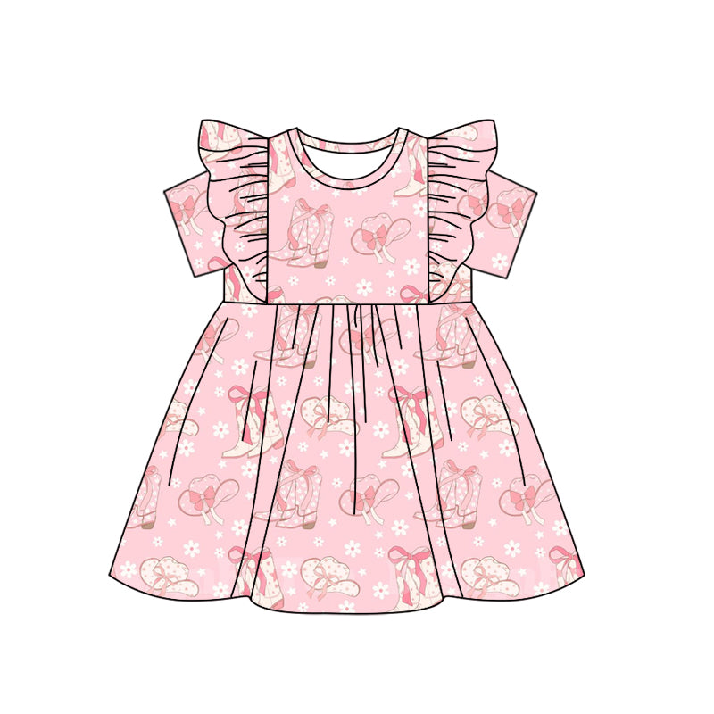 preorder GSD1736 Western Boot Hat Dasiy Flowers Pink Short Sleeve Girls Dress
