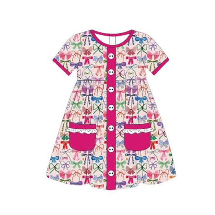 preorder GSD1740 Colorful Bows Bottons Hot Pink Pockets Short Sleeve Girls Dress
