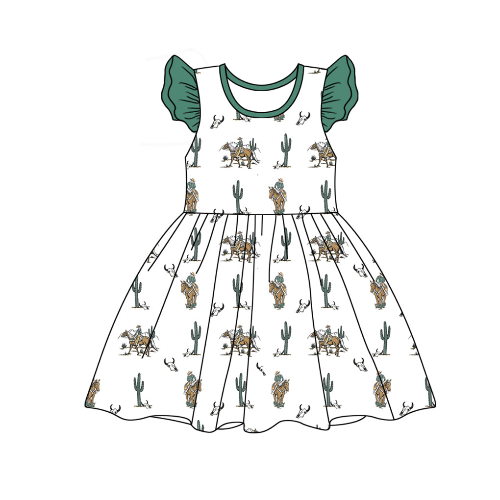 preorder GSD1744 Western Rodeo Cactus Green Flutter Sleeve Girls Dress