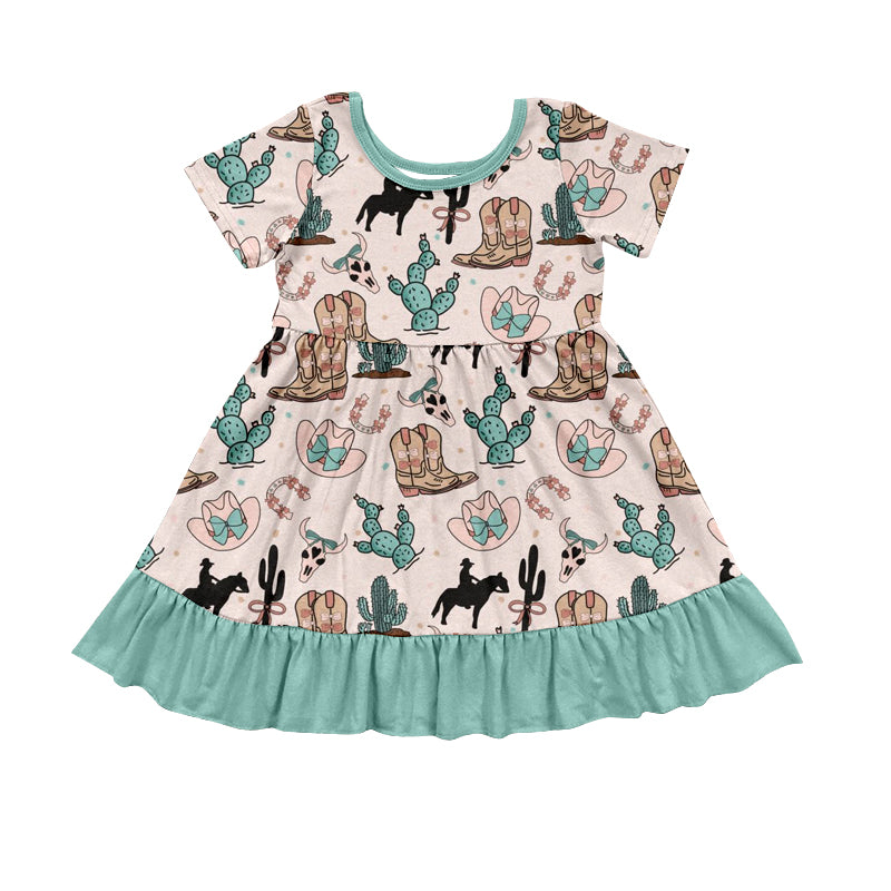 preorder GSD1745 Western Cactus Boot Rodeo Short Sleeve Girls Dress
