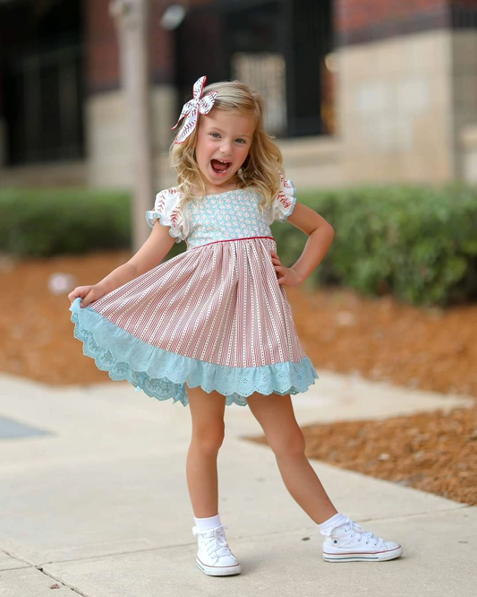 preorder GSD1749 cute baseball red blue short sleeve girls dress