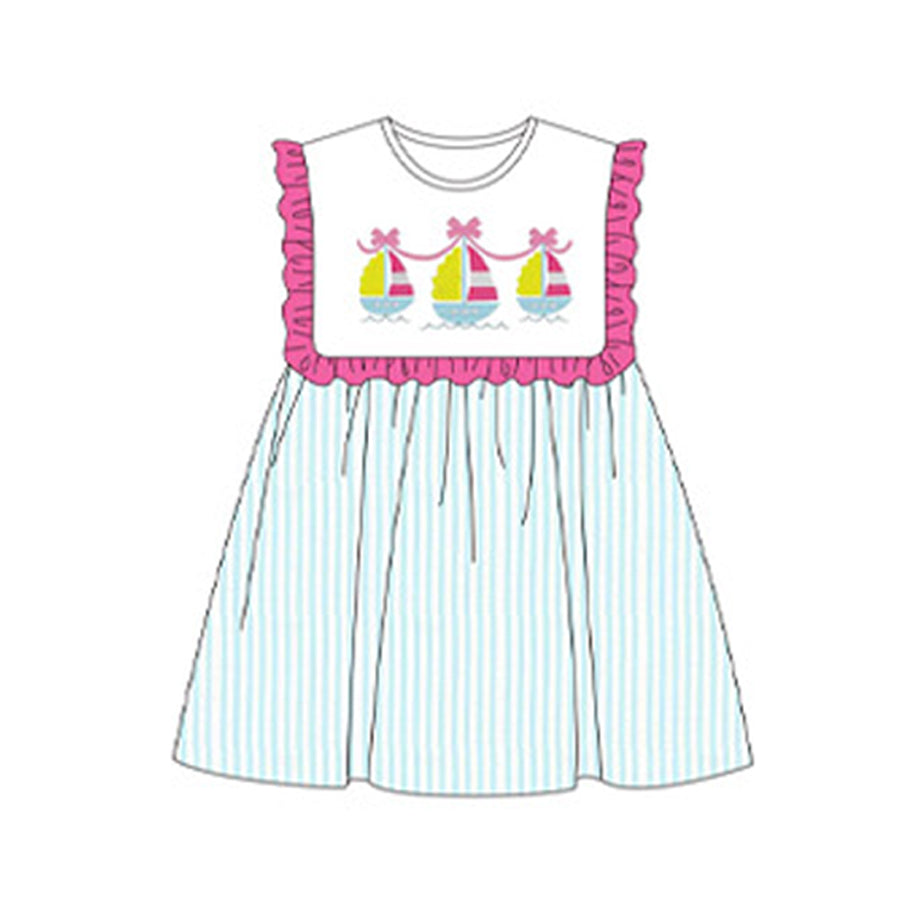 preorder GSD1752 cute sailboat bows ruffles mint color striped girls dress