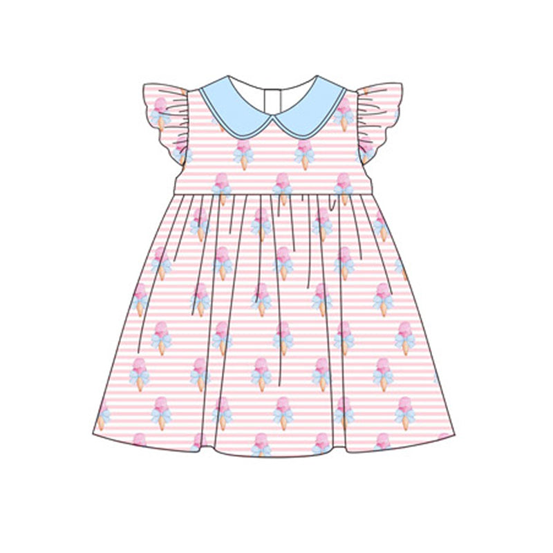 preorder GSD1753 bows ice pink striped peter pan collard flutter sleeve girls dress