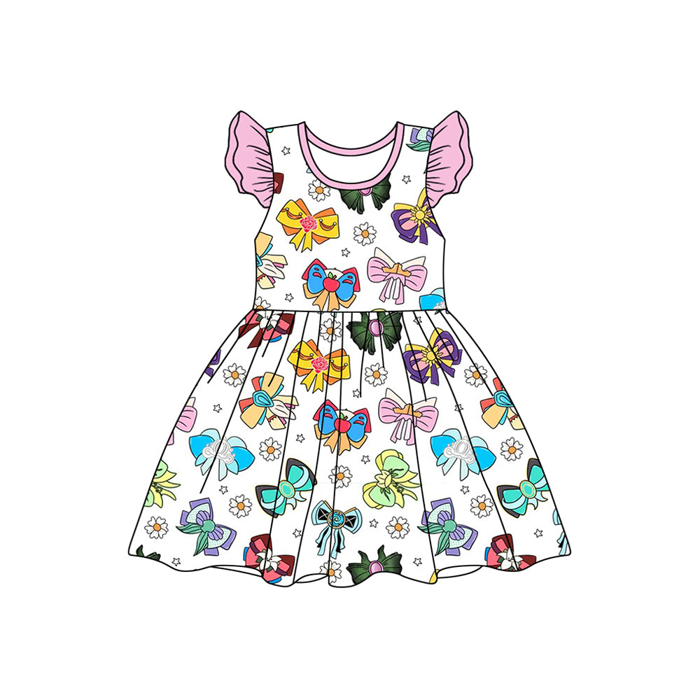 Custom Moq 3 cute cartoon princess bows flowers flutter sleeve girls dress