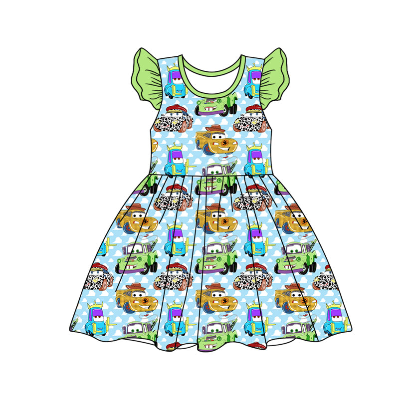 preorder GSD1760 baby girl cartoon car green blue flutter sleeve dress