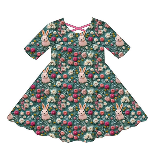 preorder GSD1769 Easter bunny rabbit flowers 3D fabric printing green short sleeve girls dress