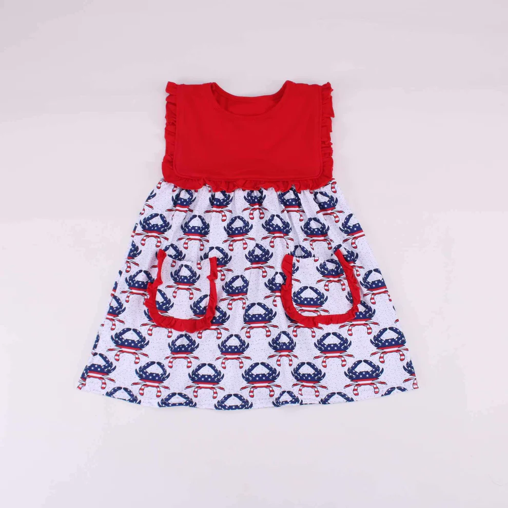 preorder GSD1774 July 4th flag crab pockets red girls dress