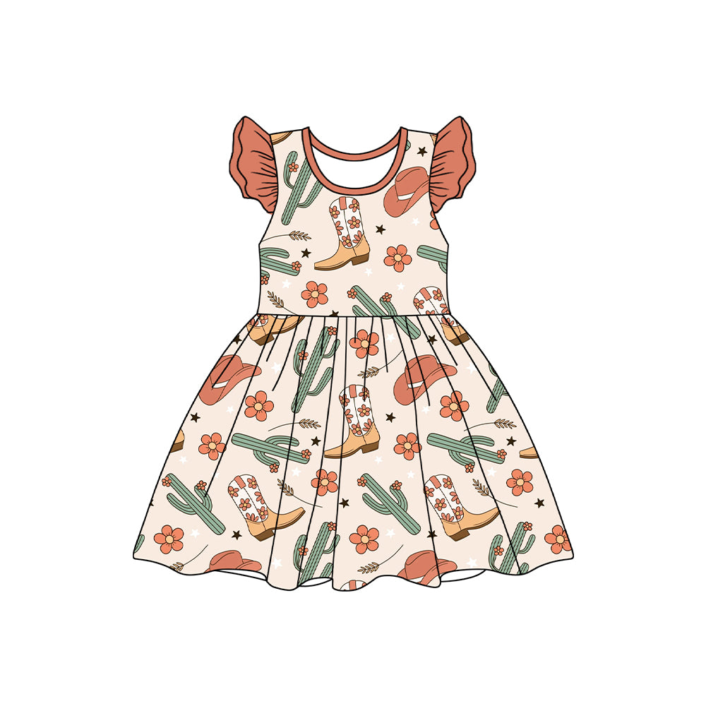 preorder GSD1775 Western boots cactus flowers orange flutter sleeve girls dress