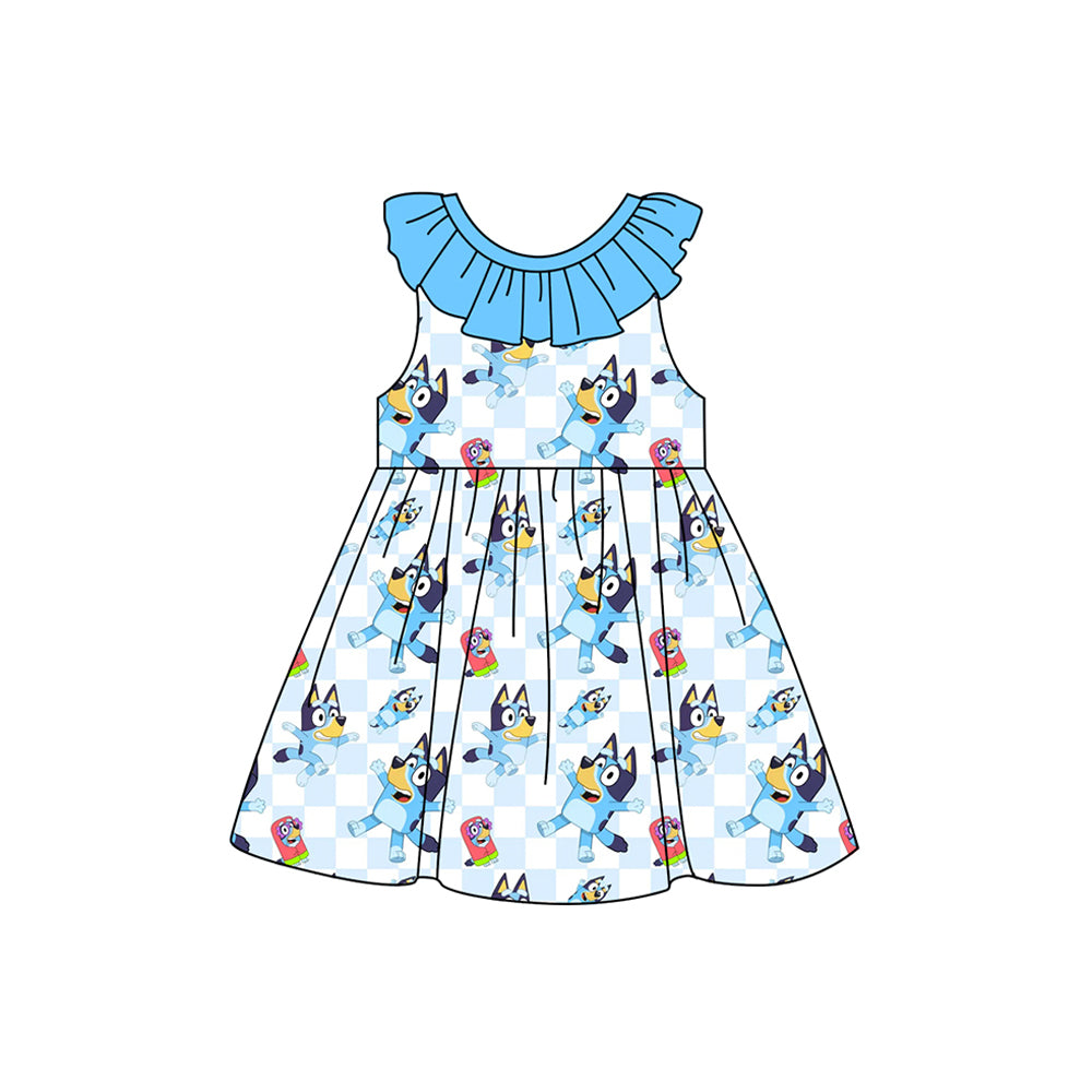 preorder GSD1781 cartoon blue dog blue ruffles girls dress