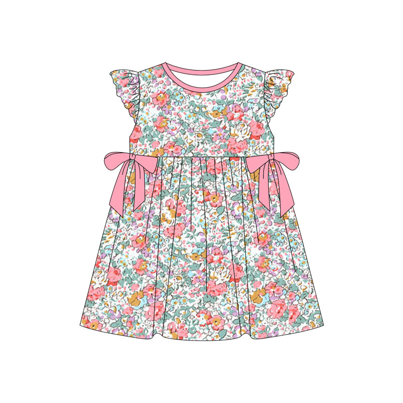 preorder GSD1782 colorful flowers pink bows flutter sleeve girls dress