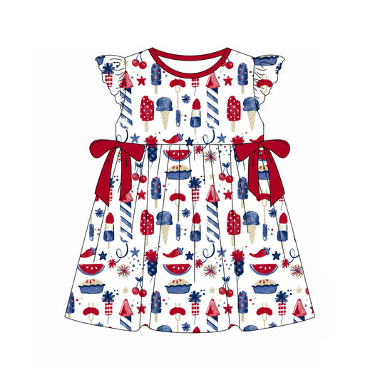 preorder GSD1791 July 4th ice fireworks red bows flutter sleeve girls dress