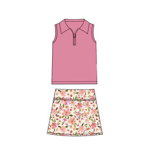 preorder GSD1797 dark pink zipper colorful flowers pink skirt with shorts girls set