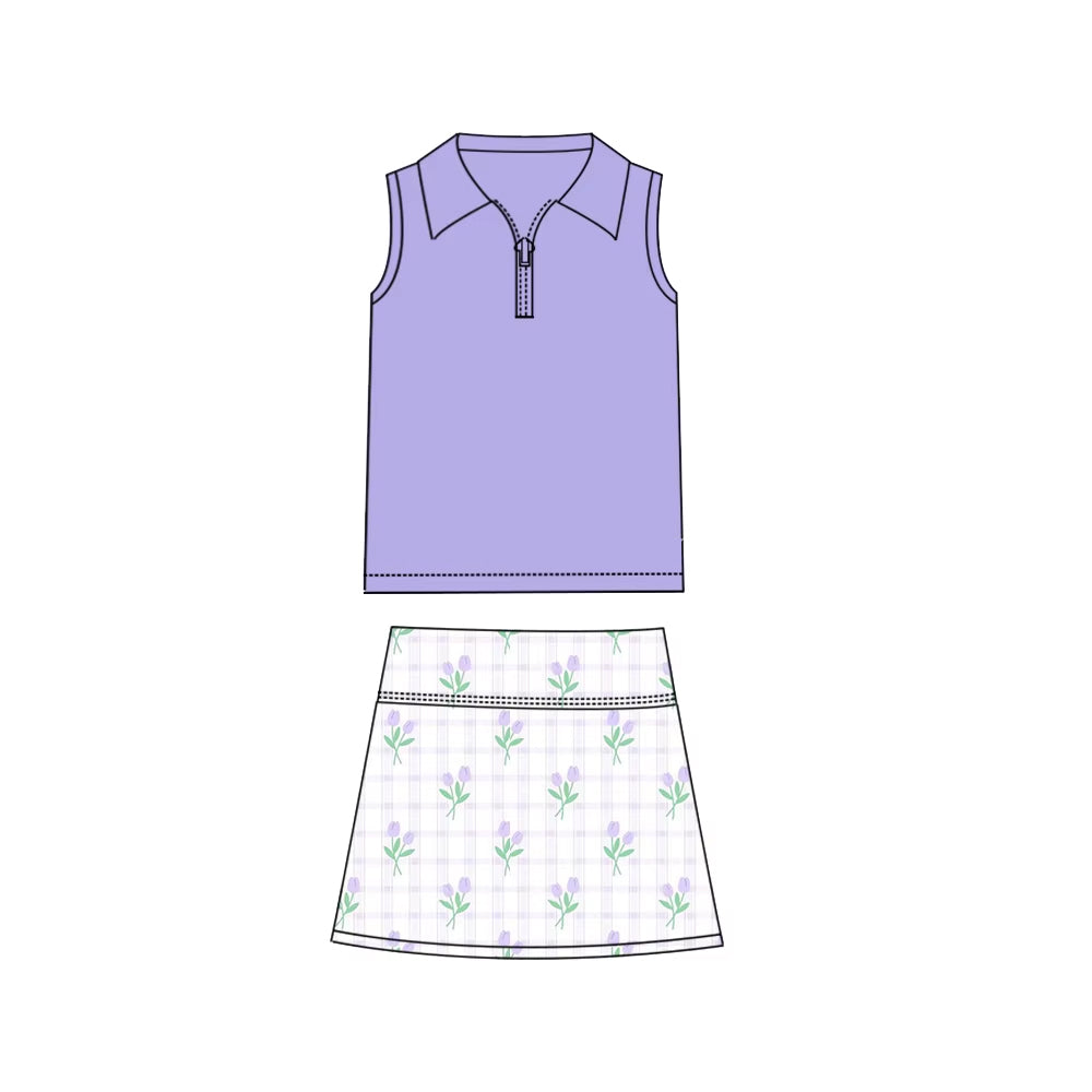 preorder GSD1799 purple zipper purple flowers skirt with shorts girls set